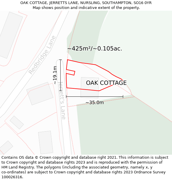 OAK COTTAGE, JERRETTS LANE, NURSLING, SOUTHAMPTON, SO16 0YR: Plot and title map