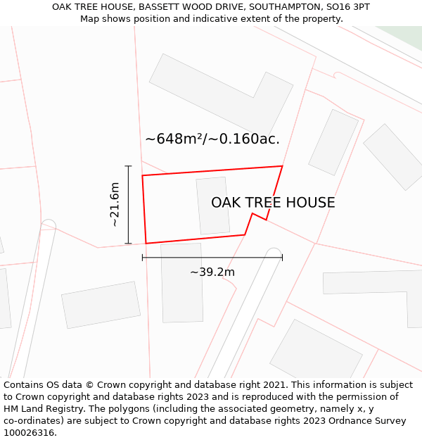 OAK TREE HOUSE, BASSETT WOOD DRIVE, SOUTHAMPTON, SO16 3PT: Plot and title map