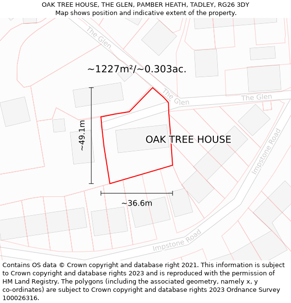 OAK TREE HOUSE, THE GLEN, PAMBER HEATH, TADLEY, RG26 3DY: Plot and title map