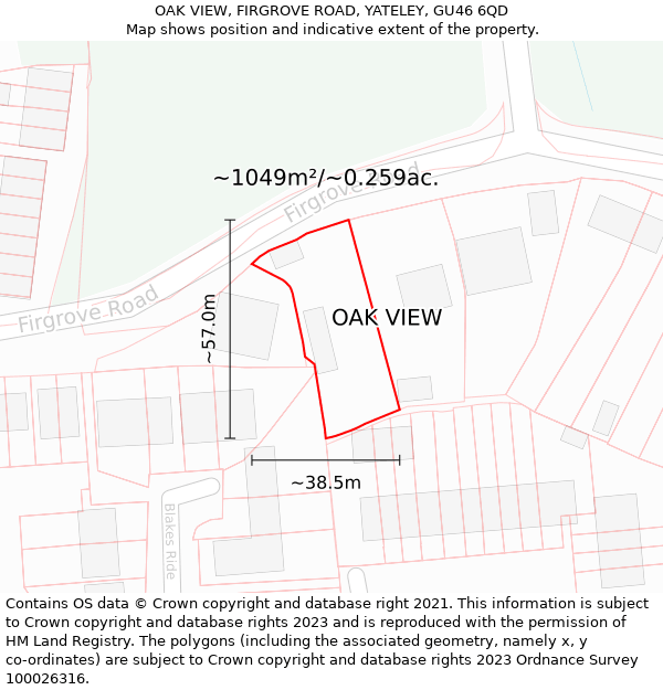 OAK VIEW, FIRGROVE ROAD, YATELEY, GU46 6QD: Plot and title map