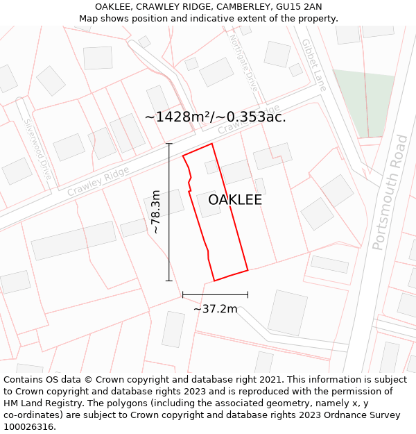 OAKLEE, CRAWLEY RIDGE, CAMBERLEY, GU15 2AN: Plot and title map