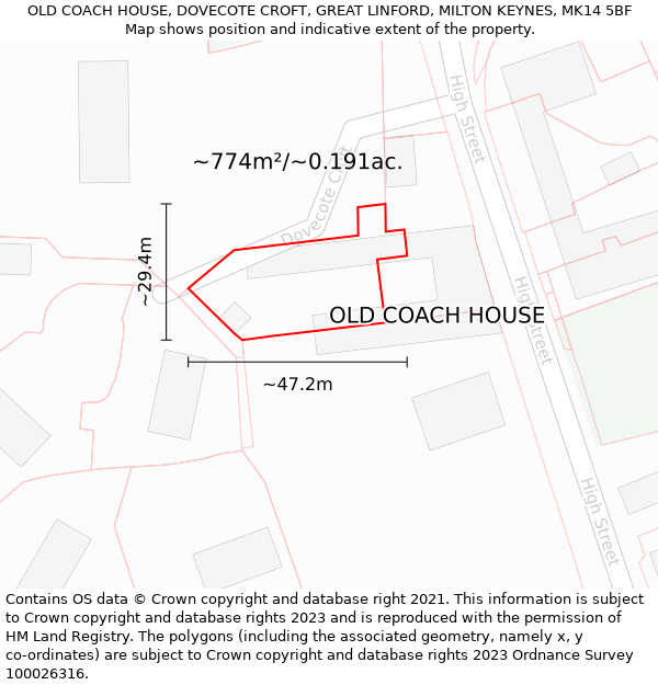 OLD COACH HOUSE, DOVECOTE CROFT, GREAT LINFORD, MILTON KEYNES, MK14 5BF: Plot and title map