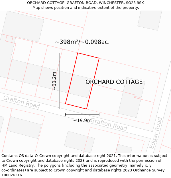 ORCHARD COTTAGE, GRAFTON ROAD, WINCHESTER, SO23 9SX: Plot and title map