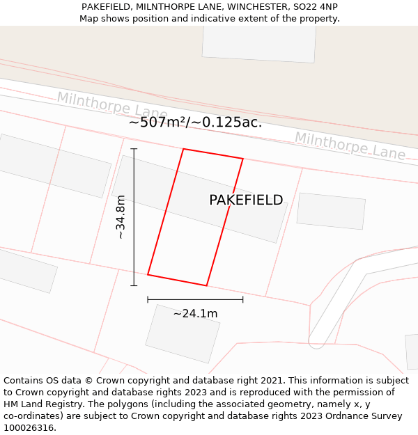 PAKEFIELD, MILNTHORPE LANE, WINCHESTER, SO22 4NP: Plot and title map