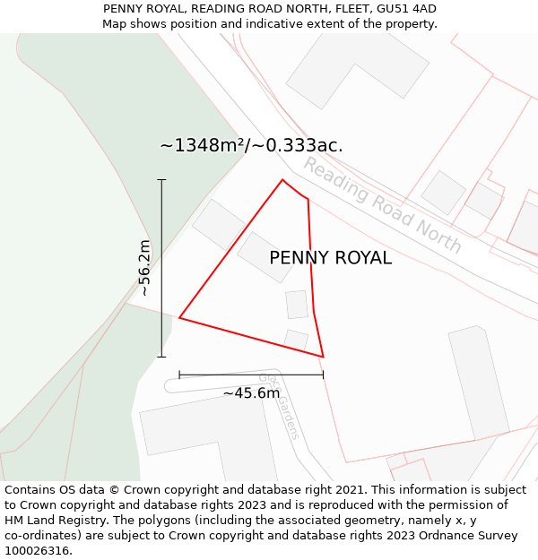 PENNY ROYAL, READING ROAD NORTH, FLEET, GU51 4AD: Plot and title map