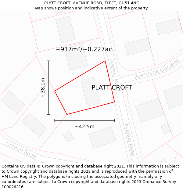 PLATT CROFT, AVENUE ROAD, FLEET, GU51 4NG: Plot and title map