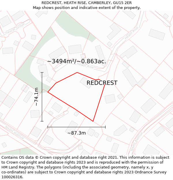 REDCREST, HEATH RISE, CAMBERLEY, GU15 2ER: Plot and title map