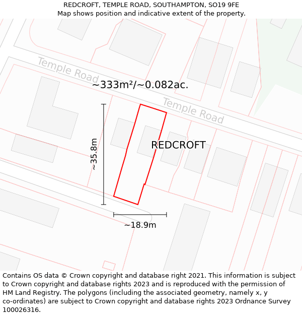 REDCROFT, TEMPLE ROAD, SOUTHAMPTON, SO19 9FE: Plot and title map