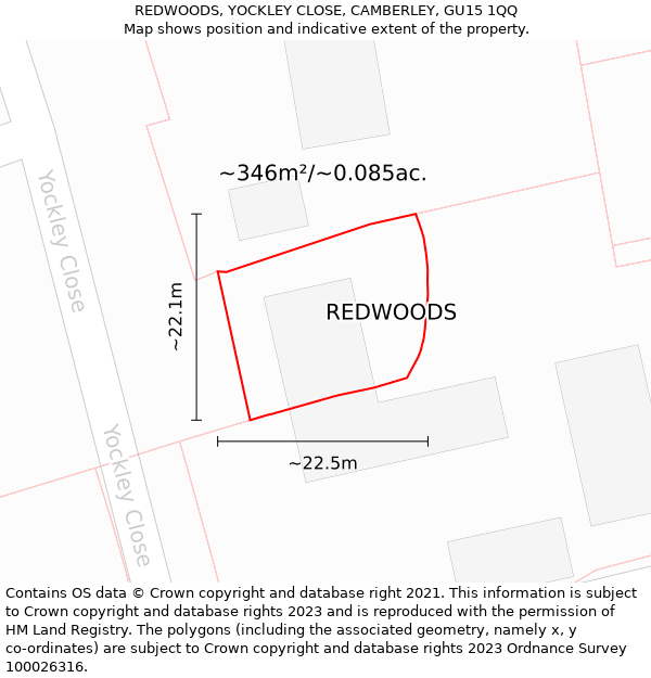 REDWOODS, YOCKLEY CLOSE, CAMBERLEY, GU15 1QQ: Plot and title map
