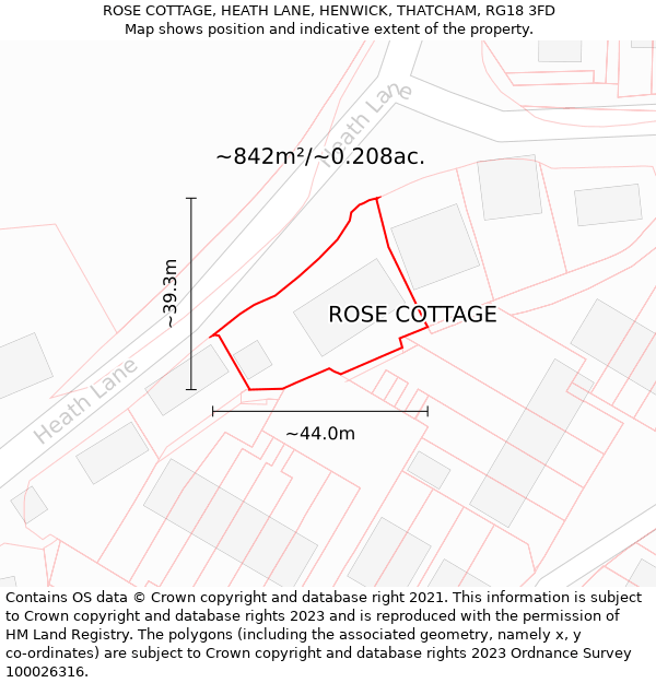 ROSE COTTAGE, HEATH LANE, HENWICK, THATCHAM, RG18 3FD: Plot and title map