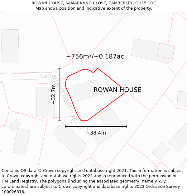 ROWAN HOUSE, SAMARKAND CLOSE, CAMBERLEY, GU15 1DG: Plot and title map