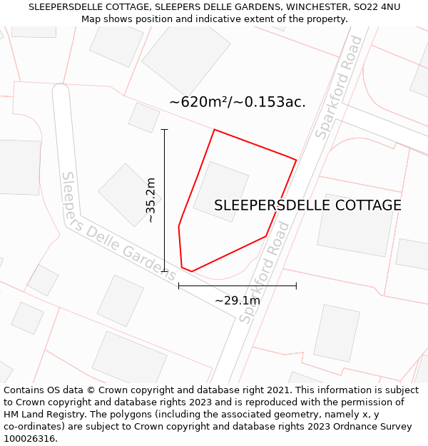 SLEEPERSDELLE COTTAGE, SLEEPERS DELLE GARDENS, WINCHESTER, SO22 4NU: Plot and title map