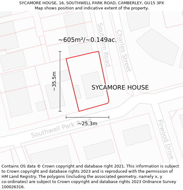 SYCAMORE HOUSE, 16, SOUTHWELL PARK ROAD, CAMBERLEY, GU15 3PX: Plot and title map