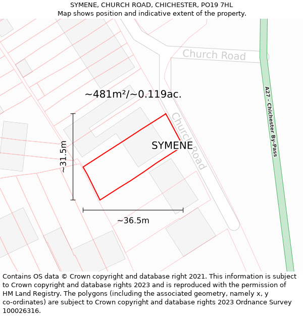 SYMENE, CHURCH ROAD, CHICHESTER, PO19 7HL: Plot and title map