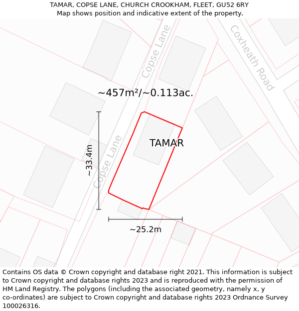 TAMAR, COPSE LANE, CHURCH CROOKHAM, FLEET, GU52 6RY: Plot and title map