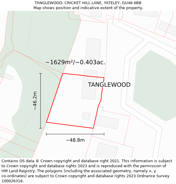TANGLEWOOD, CRICKET HILL LANE, YATELEY, GU46 6BB: Plot and title map