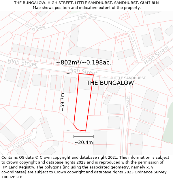 THE BUNGALOW, HIGH STREET, LITTLE SANDHURST, SANDHURST, GU47 8LN: Plot and title map