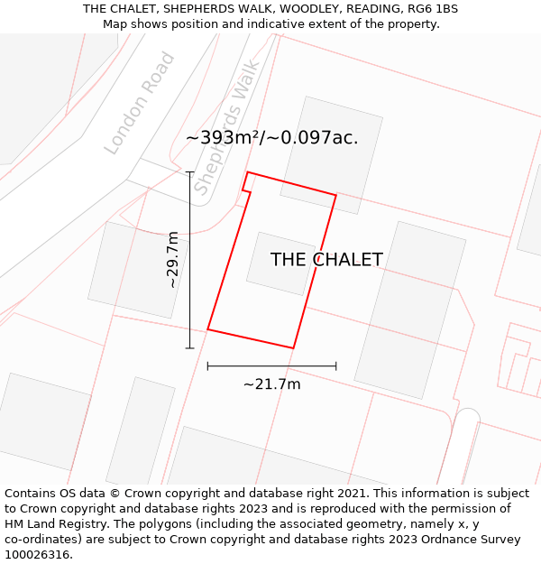 THE CHALET, SHEPHERDS WALK, WOODLEY, READING, RG6 1BS: Plot and title map