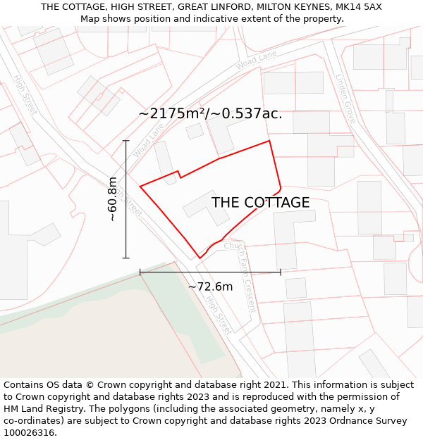 THE COTTAGE, HIGH STREET, GREAT LINFORD, MILTON KEYNES, MK14 5AX: Plot and title map