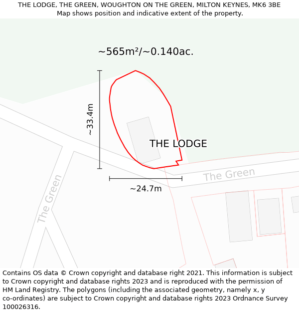 THE LODGE, THE GREEN, WOUGHTON ON THE GREEN, MILTON KEYNES, MK6 3BE: Plot and title map