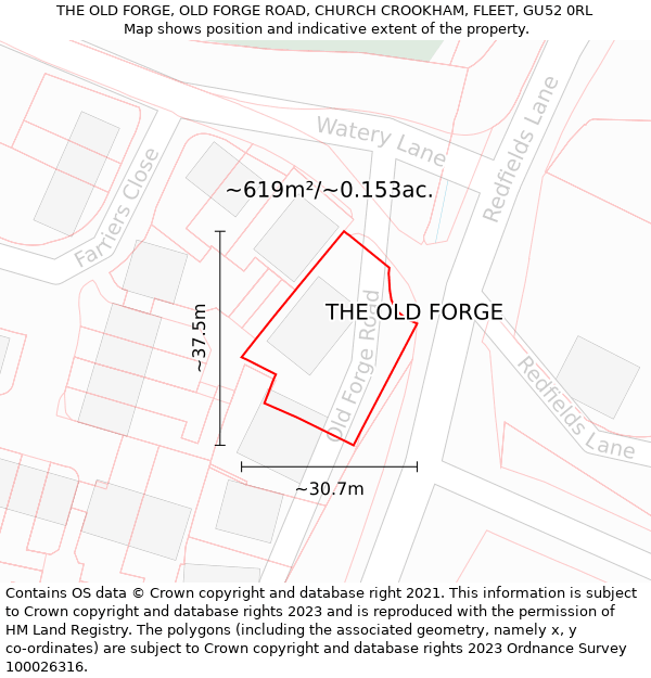 THE OLD FORGE, OLD FORGE ROAD, CHURCH CROOKHAM, FLEET, GU52 0RL: Plot and title map