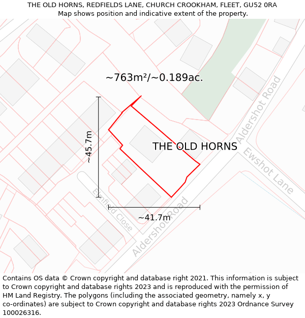 THE OLD HORNS, REDFIELDS LANE, CHURCH CROOKHAM, FLEET, GU52 0RA: Plot and title map