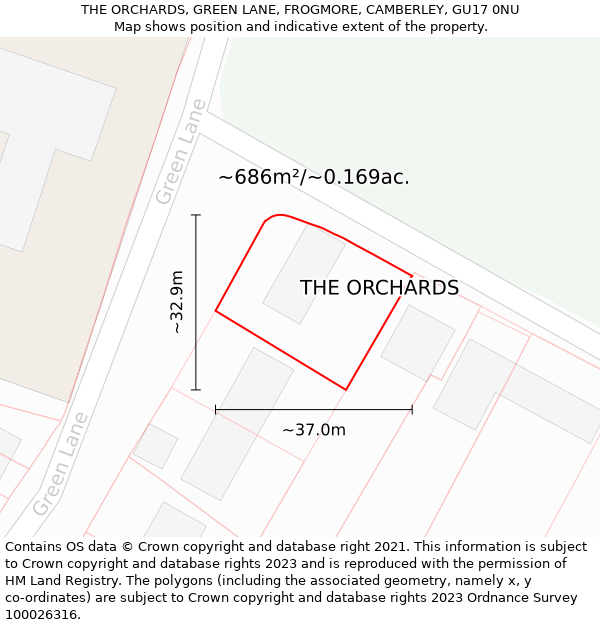 THE ORCHARDS, GREEN LANE, FROGMORE, CAMBERLEY, GU17 0NU: Plot and title map