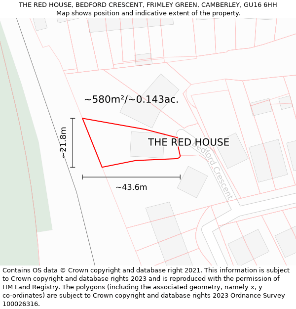 THE RED HOUSE, BEDFORD CRESCENT, FRIMLEY GREEN, CAMBERLEY, GU16 6HH: Plot and title map