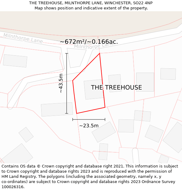 THE TREEHOUSE, MILNTHORPE LANE, WINCHESTER, SO22 4NP: Plot and title map