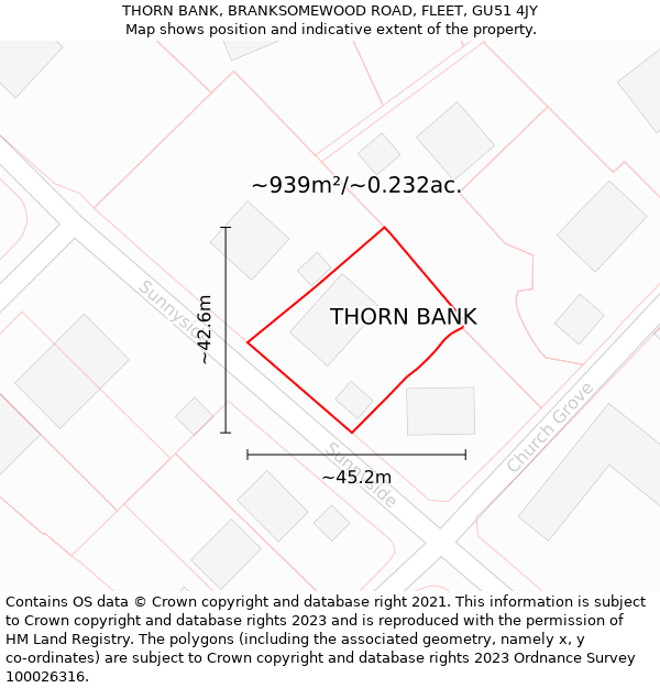 THORN BANK, BRANKSOMEWOOD ROAD, FLEET, GU51 4JY: Plot and title map