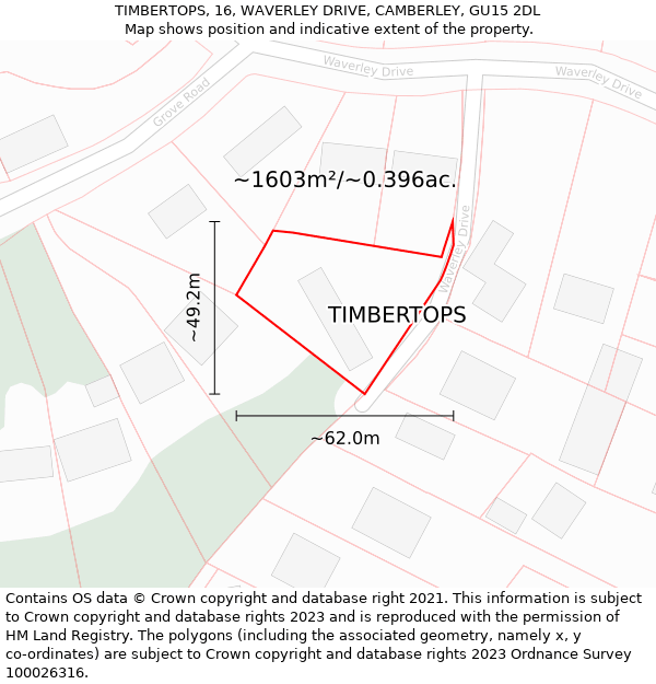 TIMBERTOPS, 16, WAVERLEY DRIVE, CAMBERLEY, GU15 2DL: Plot and title map