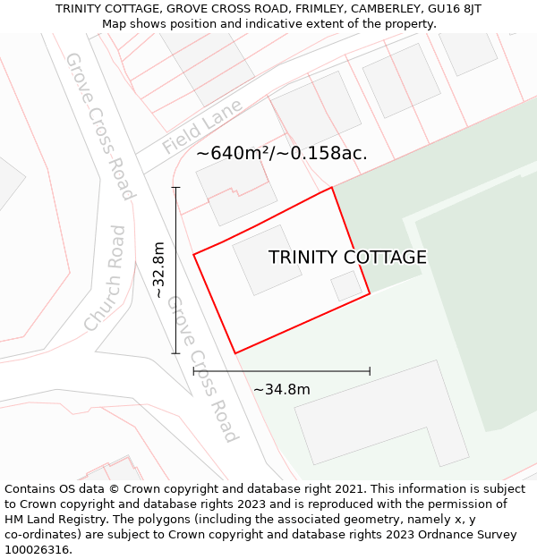 TRINITY COTTAGE, GROVE CROSS ROAD, FRIMLEY, CAMBERLEY, GU16 8JT: Plot and title map