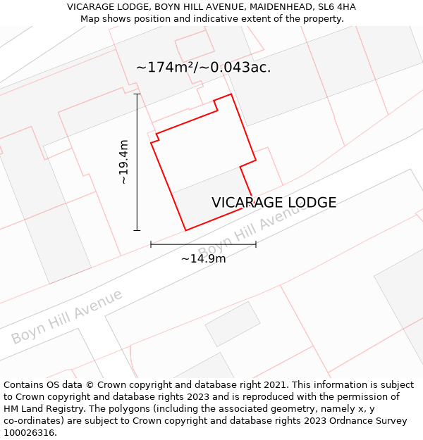 VICARAGE LODGE, BOYN HILL AVENUE, MAIDENHEAD, SL6 4HA: Plot and title map
