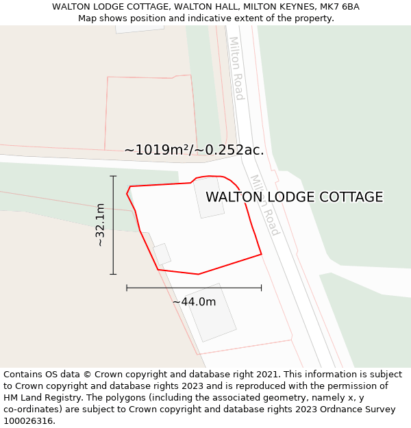 WALTON LODGE COTTAGE, WALTON HALL, MILTON KEYNES, MK7 6BA: Plot and title map