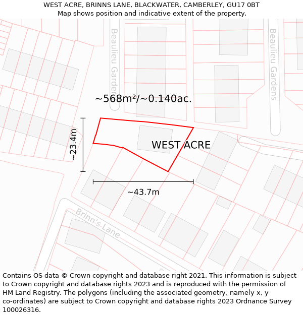 WEST ACRE, BRINNS LANE, BLACKWATER, CAMBERLEY, GU17 0BT: Plot and title map