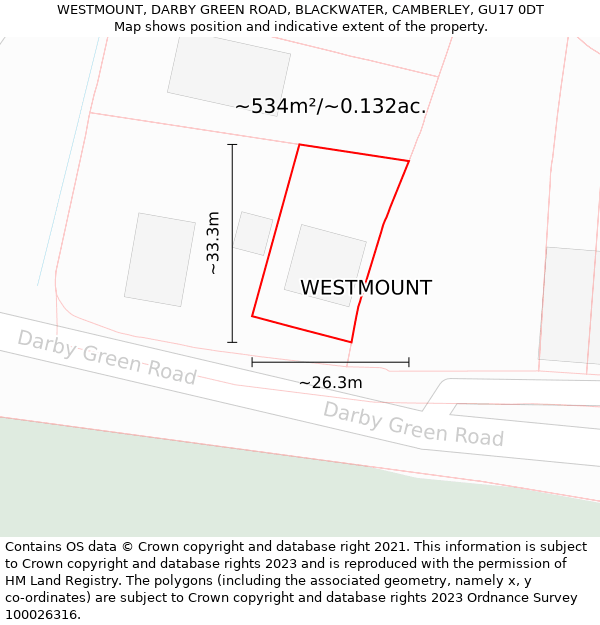 WESTMOUNT, DARBY GREEN ROAD, BLACKWATER, CAMBERLEY, GU17 0DT: Plot and title map