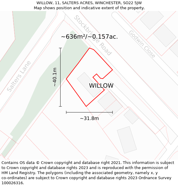 WILLOW, 11, SALTERS ACRES, WINCHESTER, SO22 5JW: Plot and title map