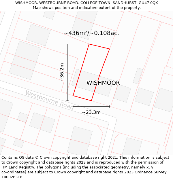 WISHMOOR, WESTBOURNE ROAD, COLLEGE TOWN, SANDHURST, GU47 0QX: Plot and title map