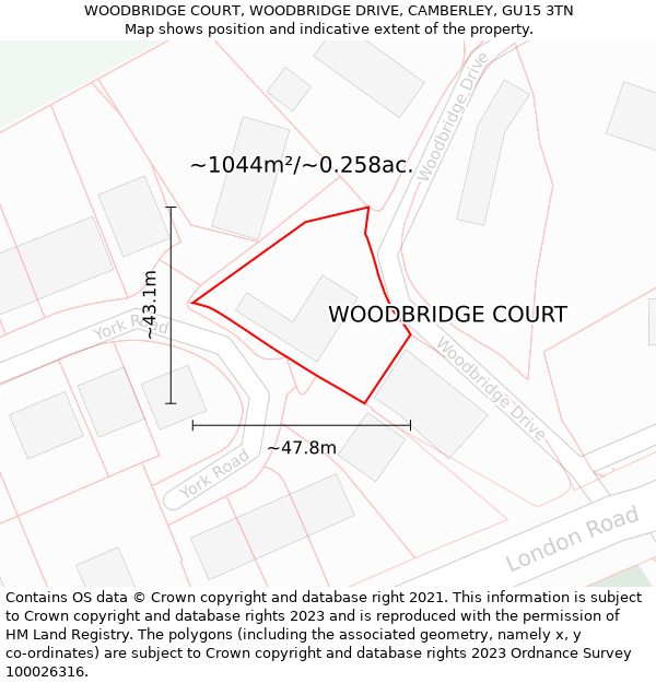WOODBRIDGE COURT, WOODBRIDGE DRIVE, CAMBERLEY, GU15 3TN: Plot and title map
