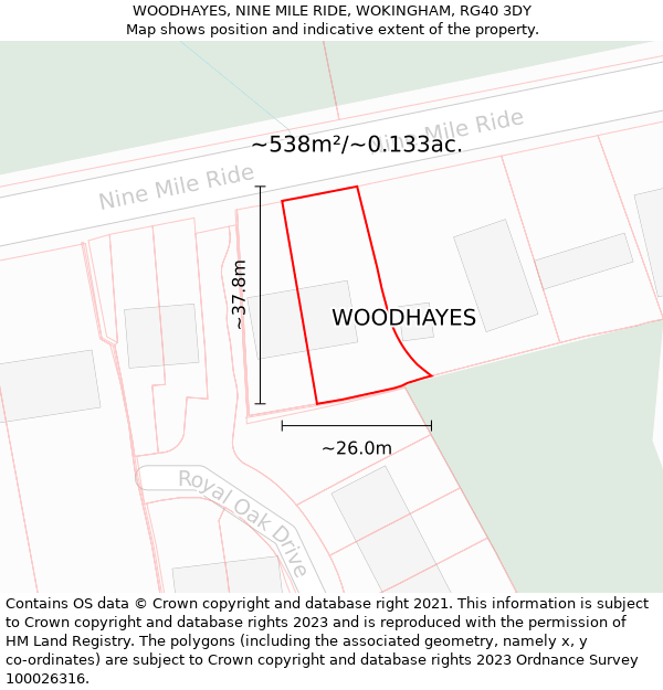 WOODHAYES, NINE MILE RIDE, WOKINGHAM, RG40 3DY: Plot and title map