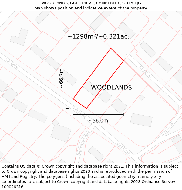 WOODLANDS, GOLF DRIVE, CAMBERLEY, GU15 1JG: Plot and title map