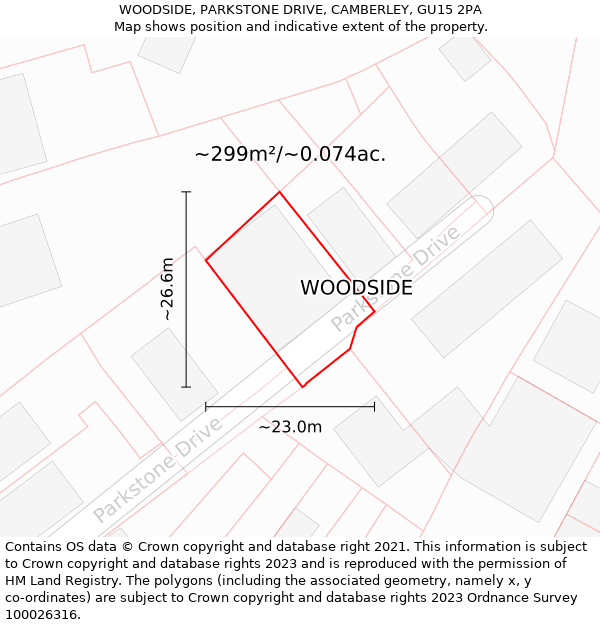 WOODSIDE, PARKSTONE DRIVE, CAMBERLEY, GU15 2PA: Plot and title map