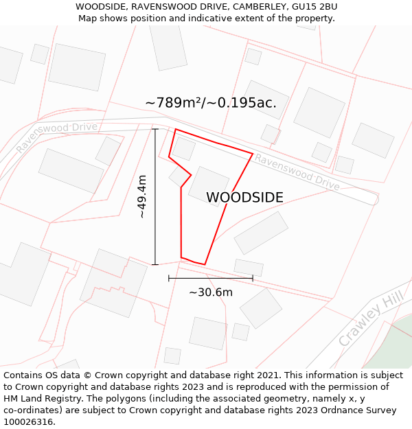 WOODSIDE, RAVENSWOOD DRIVE, CAMBERLEY, GU15 2BU: Plot and title map