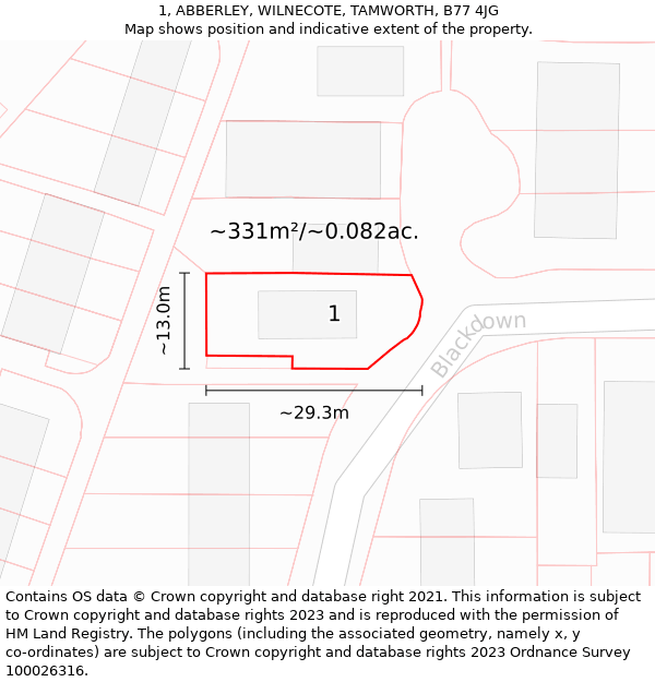 1, ABBERLEY, WILNECOTE, TAMWORTH, B77 4JG: Plot and title map