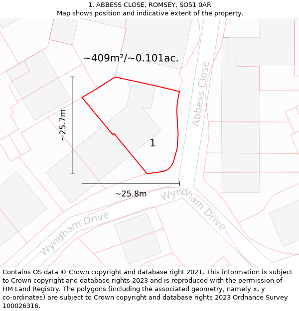 1, ABBESS CLOSE, ROMSEY, SO51 0AR: Plot and title map