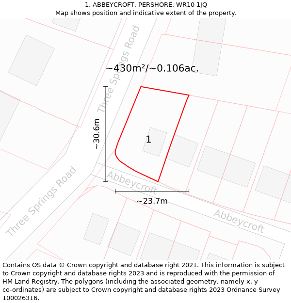 1, ABBEYCROFT, PERSHORE, WR10 1JQ: Plot and title map