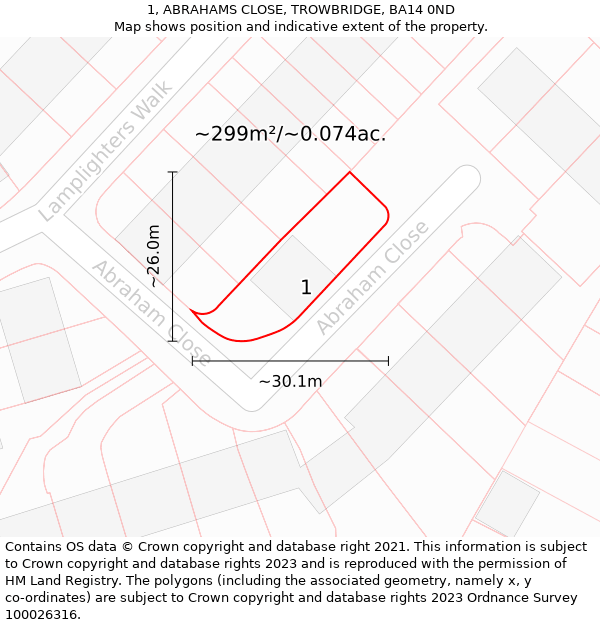 1, ABRAHAMS CLOSE, TROWBRIDGE, BA14 0ND: Plot and title map