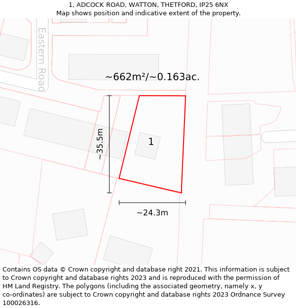 1, ADCOCK ROAD, WATTON, THETFORD, IP25 6NX: Plot and title map