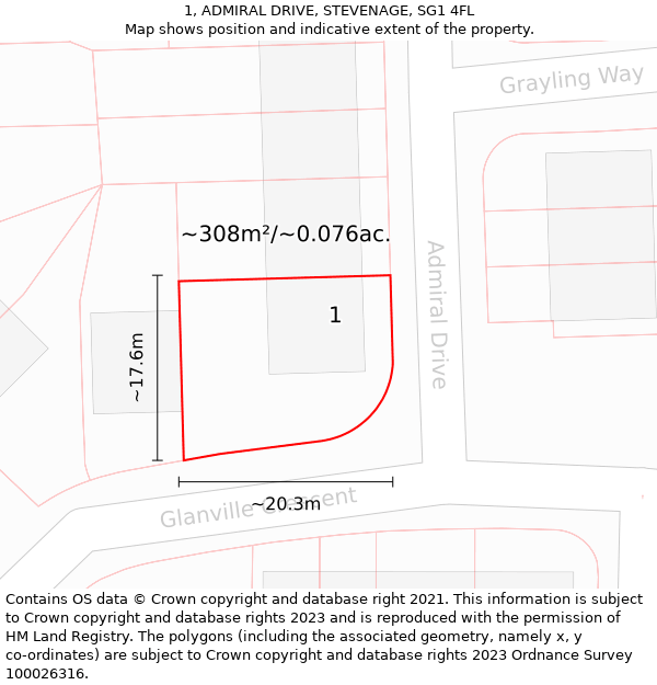 1, ADMIRAL DRIVE, STEVENAGE, SG1 4FL: Plot and title map