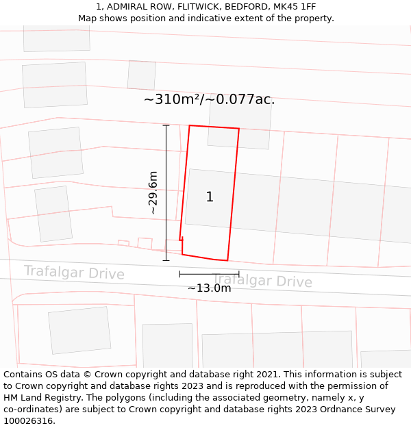 1, ADMIRAL ROW, FLITWICK, BEDFORD, MK45 1FF: Plot and title map